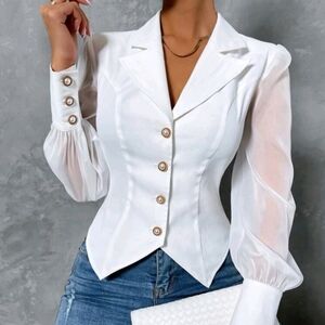 Elegant White Blazer with Sheer Sleeves